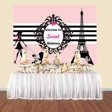 Girl Sweet Sixteen Parisian Paris birthday party backdrop Eiffel Tower pink black background banner poster candy table dessert 2024 - buy cheap