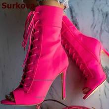 Surkova Pink Neon Yellow Stretch Lycra Ankle Boots Thin High Heel Open Toe Short Booties Cross Strap Lace-up Dress Shoes Size46 2024 - buy cheap