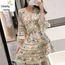 High Quality Womens Lace Embroidery Print Hollow Out Bohemian Fashion Flare Sleeve V-Neck Female A-Line Ruffles Dresses 2024 - buy cheap