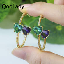 QooLady Charm Love Heart Shape Green Purple Cubic Zirconia Crystal Thin Gold Fashion Hoop Earrings for Women Circle Jewelry E208 2024 - buy cheap