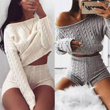 New Women Knitted Clothes 2 Piece Set Long Sleeve Loose Pullover Crop Top High Waist Slim Shorts Ladies Casual Suits Tracksuit 2024 - buy cheap