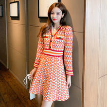 2021 New Spring Knitted Sweater Dress Women Button Up Korean Fashion V Neck Vintage Plaid Orange Mini Dress Robe Femme Vestidos 2024 - buy cheap