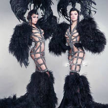 Сексуальные черные платья Gogo для выступлений, ночных коммерческих шоу, подиума, больших шоу, черные перья, полый костюм 2024 - купить недорого