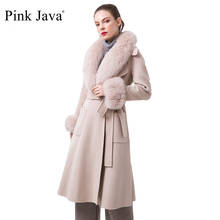 Jaqueta de lã de inverno feminina, casaco feminino com caxemira e gola de pele de raposa real, rosa 2024 - compre barato