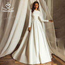 Long Sleeve Appliqued Wedding Dress 2021 Beaded A-Line Court Train Satin Vestido De Novia Princess Swanskirt L153 Bride Gown 2024 - buy cheap