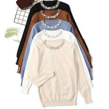 Suéter feminino com contas, moda outono inverno 2020, cor sólida, com miçangas, gola redonda, pulôver feminino, top de malha solto 2024 - compre barato