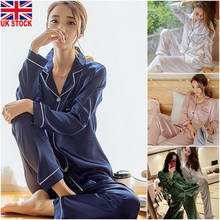 Women Solid Color Silk Satin Pajama Set Long Sleeve Button Top Pants Sleepwear Homewear Nightwear Blue Green Pink White 2024 - buy cheap
