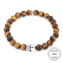 Pulsera de piedra natural Tigereye Ts 5A de 8MM con abalorio de calavera de Plata de Ley 925, 0,8 CM de ancho, mujeres y hombres, joyería fina TS 2024 - compra barato