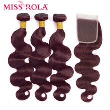 Miss rola-aplique de cabelo brasileiro ondulado., 3 mechas de cabelo 100% humano com fechamento de 4x4 e cor 99j. 2024 - compre barato