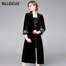 Bllocue 2019 elegante palácio bordado blusão casaco feminino outono inverno preto veludo longo cardigan 2024 - compre barato
