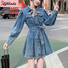 Женское джинсовое платье с поясом, синее однобортное платье в Корейском стиле с высокой талией и отложным воротником, 2021 2024 - купить недорого