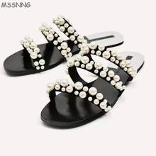 Women Pearl Slippers Classic Black Open-toed Flat with Fashion Beaded Beach Female Slippers Outside Woman Slides Wholesale 2024 - buy cheap
