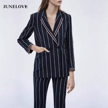 JuneLove Women Autumn Long Sleeve Blazers Jackets Vintage Striped Female Double Breasted Blazers Casual Office Lady Outwears 2024 - buy cheap