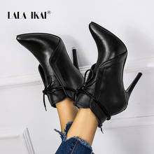 LALA IKAI 2020 Black Ankle Boots Women Autumn Winter Thin Heels Pumps Female PU Leather Lace-up Pointed Toe Boots XWA9481-4 2024 - buy cheap