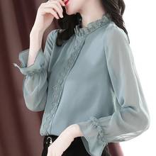 2021 Newly Spring Fall Women Ruffled Stand Collar  Beige Black Chiffon Top Blouse , Womans 3xl Lace Patchwork Blouses Tops 2024 - buy cheap