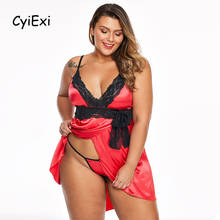 Cyiexi conjunto camisola de cetim plus size, camisola feminina babydoll sem mangas gola em v lingerie vestido e tanga feminino roupa de dormir noturna 5xl 2024 - compre barato