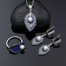 Conjunto de joyería de plata 925 para mujer, aretes de hoja de cristal de perla de esmalte azul, colgante, collar, anillo para mujer, regalo de cumpleaños 2024 - compra barato