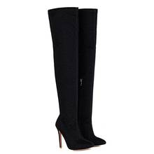 Botas por encima de la rodilla con tacón de aguja súper alto para mujer, botas con lentejuelas, cremallera lateral puntiaguda, estiramiento intermitente, mezclado, talla grande 2024 - compra barato