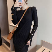 MUMUZI Crewneck Long Women Dress 2021 Autumn Winter Warm Dress Buttons Sleeve Knitted Pullover Sweater Dresses Pull Femme 2024 - buy cheap