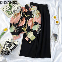 KUSAHIKI Two Piece Set Women Korean Printing Long Sleeve Causal Blouse + High Waist Wide Leg Pants 2021 Spring Outfits 6F446 2024 - buy cheap