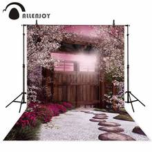 Allenjoy-fundo de fotografia para quintal vintage com porta de madeira-árvore de cerejeira e jardim 2024 - compre barato