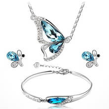 Bonito feminino azul cristal conjunto de jóias charme prata cor do parafuso prisioneiro brincos para as mulheres dainty borboleta pulseira casamento corrente colar 2024 - compre barato