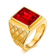 Big square ruby red gemstones Rings for men gold color titanium stainless steel  jewelry bague bijoux masculine finger accessory 2024 - buy cheap