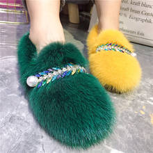 2022 New Mink Fur Women Flats Winter Warm Fur Shoes Outside Loafers Espadrilles Rhinestone Decor Walking Flat Shoes Woman 2024 - buy cheap