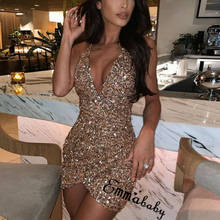 Feminino lantejoulas glitter decote em v profundo mini vestido de festa wrap vestido bling vestido 2024 - compre barato