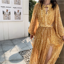 New Summer Yellow Long Maxi Beach Dress Sexy Hollow Out Waist V Neck Bohemian Party Dress Fashion High Split Dress Vestidos 2024 - buy cheap