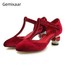 Sapato feminino estilo t com fivela, calçado de salto quadrado chique com cristais de veludo e ponta redonda 2024 - compre barato