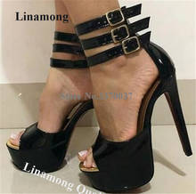 Linamong Sexy Open Toe Black Patent Leather High Platform Stiletto Heel Sandals Ankle Straps High Heel Sandals Big Size Heels 2024 - buy cheap