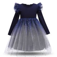 2021 Girl Dress Fashion Navy Blue Autumn Dress for Girls Birthday Party Dress Star Sequins Voile Dress Girl Princess Vestidos 2024 - buy cheap