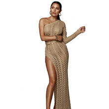 RT Sexy Women Slit Knitted Dress One Shoulder Hollow Out Crochet Dresses Long Crocheted Beach Dress Vestidos 2024 - buy cheap