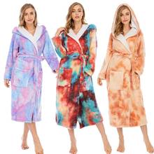 De moda de tinte de corbata de las mujeres Albornoz largo invierno cálida lana color Coral engrosado camisón bata Kimono ropa de dormir femenina de pijamas 2024 - compra barato