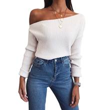 Suéter feminino de cor sólida pulôver irregular ombro de fora manga longa gola skew blusa de outono 2024 - compre barato