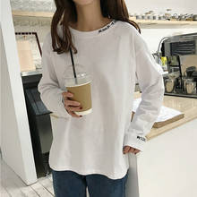 T-shirts Women O-Neck Letter embroidery Loose Simple All-match t shirt Korean Leisure Long Sleeve Tees female Ulzzang white tops 2024 - buy cheap