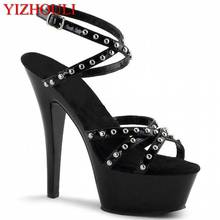 New fashionable black rivet 15 cm high heels, platform pole dance/performance/banquet wedding sandals 2024 - buy cheap