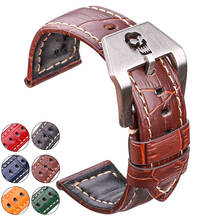 Genuine Leather Watchbands 22mm 24mm Thick Watch Band Strap Black Brown Orange Clock Belt Bracelet Skull Hollow Buckle For 2024 - buy cheap