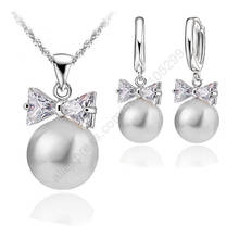 Sweet Crystal Bowknot Earrings Necklace Pearl Jewelry Set 925 Sterling Silver Hoop Earrings Necklace Set 2024 - buy cheap