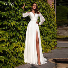 Verngo 2021 nova a linha chiffon vestido de casamento praia mangas compridas boho vestidos de noiva fenda sexy espartilho branco simples vestidos de casamento 2024 - compre barato