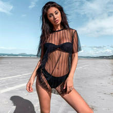 Women Sexy Mesh Sheer Bikini Cover Up Swimwear Striped Swimsuit Bathing Beach Dress Summer Womens Tops 2024 - buy cheap