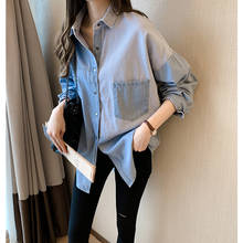 2019 summer new denim women blouse and shirts pocket blue loose new design long-sleeved casual shirts outwear coat tops 2024 - buy cheap