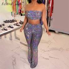 Shiny Rainbow Holographic Two 2 Piece Set Sexy Strapless Crop Top Bodycon Long Flare Pants 2019 Autumn Fashion Women Streetwear 2024 - buy cheap