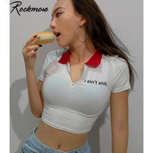 Rockmore-Camiseta con cuello vuelto para mujer, Top corto de manga corta, camisetas ajustadas con estampado de letras blancas, Camiseta básica con paneles para mujer 2024 - compra barato
