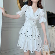 2021 Fashion Korean Sweet Dot Summer Dress Women V Neck Puff Sleeve High Waist White Casual Party Dress For Female Vintage Robe 2024 - buy cheap