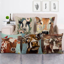 Capa de travesseiro de algodão e linho, capa de almofada para decoração de casa, 45cm x 45cm com estampa de vaca, fazenda 2024 - compre barato