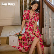 Rosediry-vestido com botão fixo em v, estilo floral, moda feminina, elegante, vintage, longo, verão, chique 2024 - compre barato