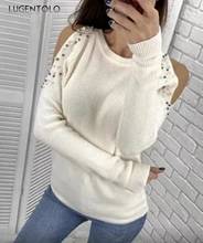 Lugentolo Autumn Winter Women Knitted Sweater Long-Sleeved Solid Color Beaded Round Neck Pullover New Lady Bottoming Sweaters 2024 - buy cheap