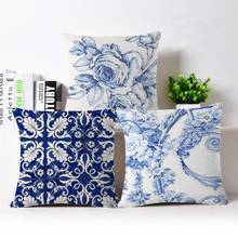 Cushion Covers Blue White Printed Linen Cushion Cover High Quality Sofa Bedding Vintage Decorative Throw Pillow Case 2024 - buy cheap